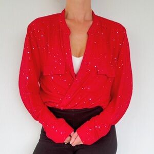 Coral Bay red metallic silver polka dot long sleeve button down blouse size XL